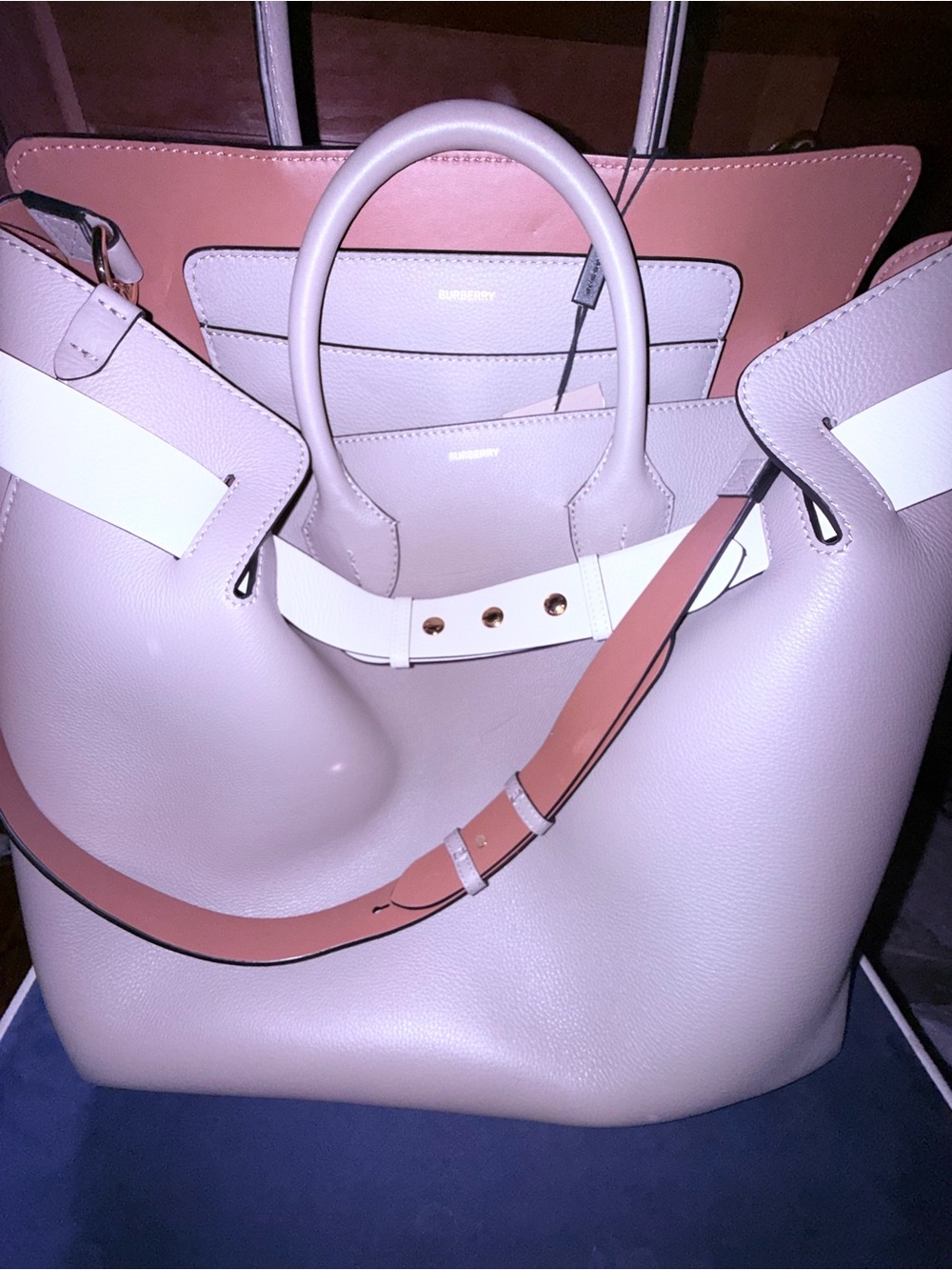 Burberry Grey Leather Tote Bag with Top Handles and Brown Strap